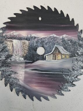 Hand-Painted Winter Cabin Saw Blade Wall Art - Purple Tones